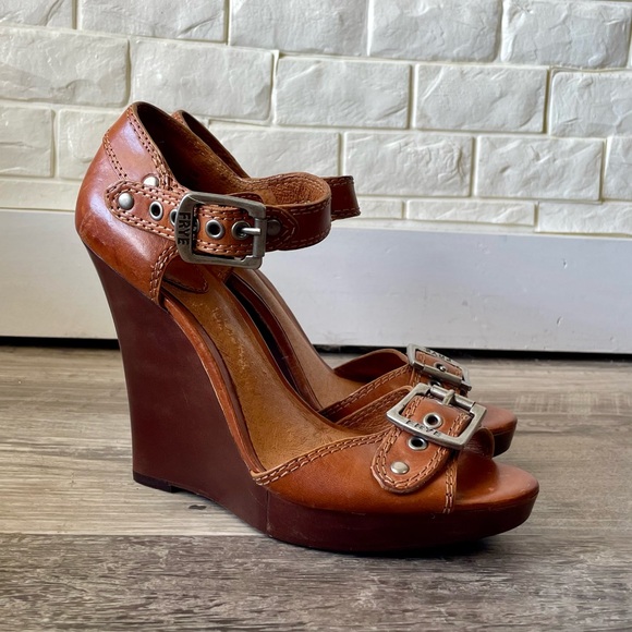 Frye Gretta 2 Piece Camel Colored Leather Women's Open Toe Wedge Heels Size 6.5 - Picture 5 of 13